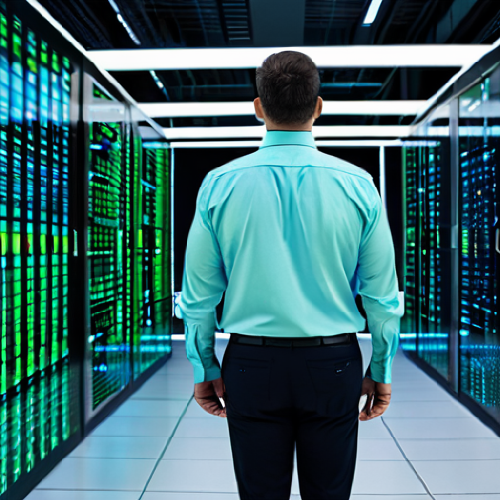 A professional male IT security expert, mid-30s, in a modest business casual shirt and dark trousers, standing confidently amidst a vibrant, secure data center. He is looking intently at multiple holographic screens displaying complex network graphs, real-time data flows, and digital locks. The environment is sleek, modern, and pristine, featuring glowing blue and green light lines representing data pathways. The scene emphasizes advanced technology and vigilant protection. fully clothed, appropriate attire, professional dress, safe for work, appropriate content, perfect anatomy, correct proportions, natural pose, well-formed hands, proper finger count, natural body proportions, professional photography, high quality, ultra-detailed.