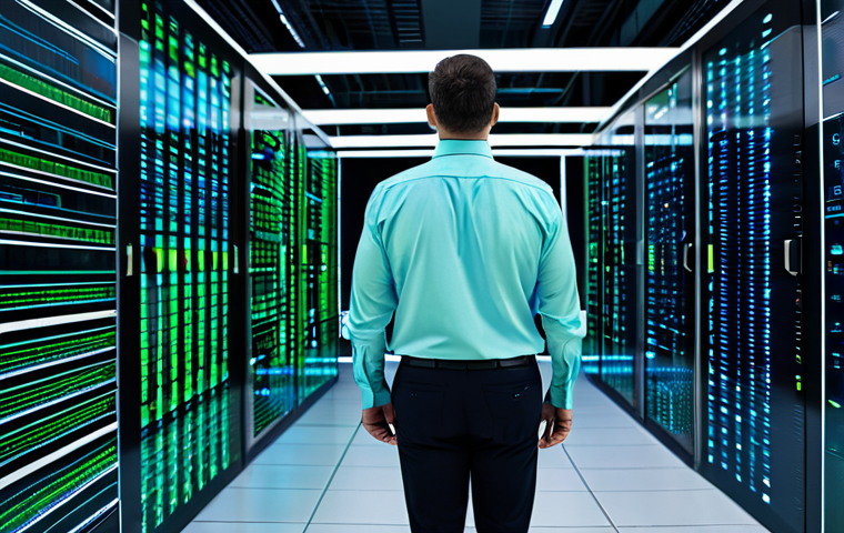 A professional male IT security expert, mid-30s, in a modest business casual shirt and dark trousers, standing confidently amidst a vibrant, secure data center. He is looking intently at multiple holographic screens displaying complex network graphs, real-time data flows, and digital locks. The environment is sleek, modern, and pristine, featuring glowing blue and green light lines representing data pathways. The scene emphasizes advanced technology and vigilant protection. fully clothed, appropriate attire, professional dress, safe for work, appropriate content, perfect anatomy, correct proportions, natural pose, well-formed hands, proper finger count, natural body proportions, professional photography, high quality, ultra-detailed.