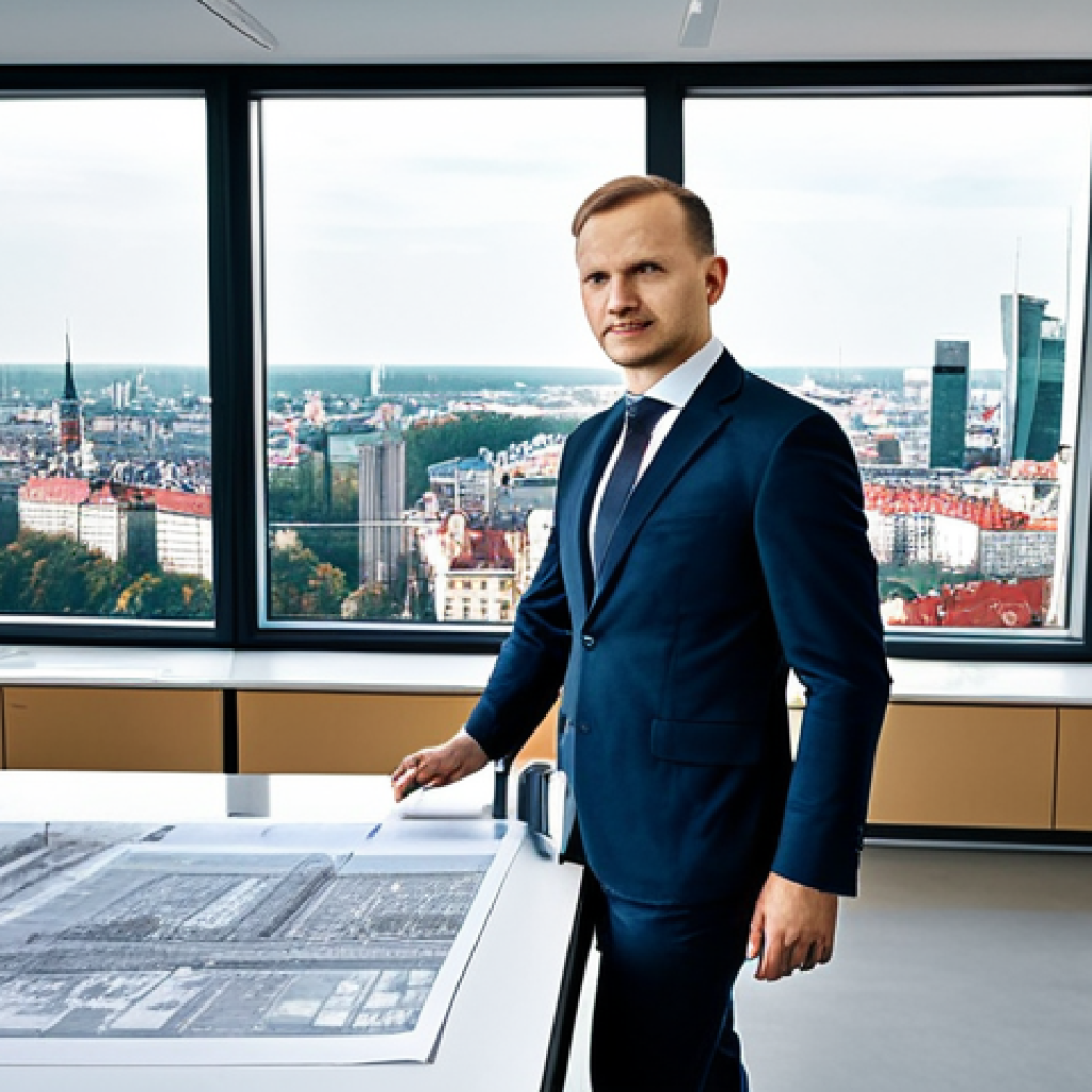 **
"A Polish architect in professional attire, fully clothed, presenting blueprints in a modern Warsaw office with a view of the city, safe for work, appropriate content, perfect anatomy, natural proportions, professional presentation, high quality."
**