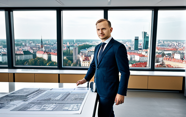 **
"A Polish architect in professional attire, fully clothed, presenting blueprints in a modern Warsaw office with a view of the city, safe for work, appropriate content, perfect anatomy, natural proportions, professional presentation, high quality."
**