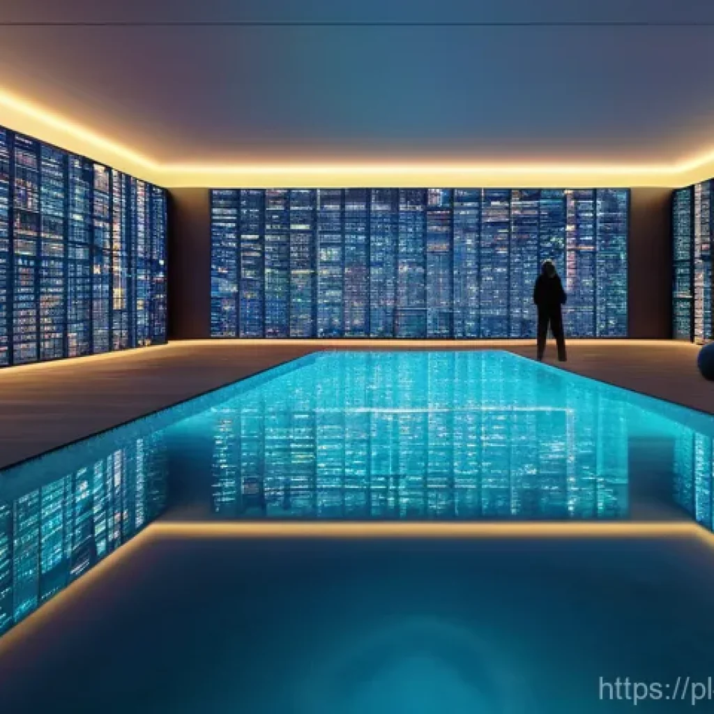 데이터 레이크에서의 비즈니스 인사이트 도출 방법 - **Prompt: "A vast, luminous digital library representing a 'Data Lake.' Streams of diverse, raw data...
