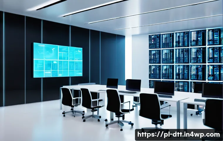 데이터 레이크 아키텍처의 통합 관리 방안 - A futuristic data lake environment inside a modern data center, featuring multiple transparent digit...
