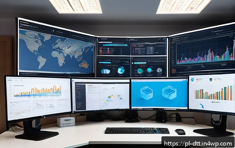 다양한 데이터 소스를 위한 데이터 레이크 아키텍처 - A modern data engineer’s workspace in a Polish tech company office, featuring multiple large monitor...