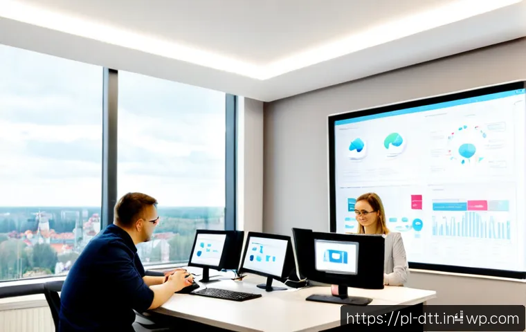Home 15 데이터 레이크 아키텍처의 클라우드 전환 전략 - Photorealistic modern Warsaw technology office, Polish cloud migration team reviewing a data lake ar...